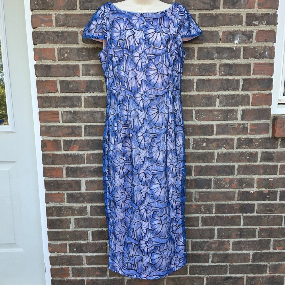 JS Collections Lena Cap Sleeve Tea Length Blue Pink Dress Lacy Formal Size 8